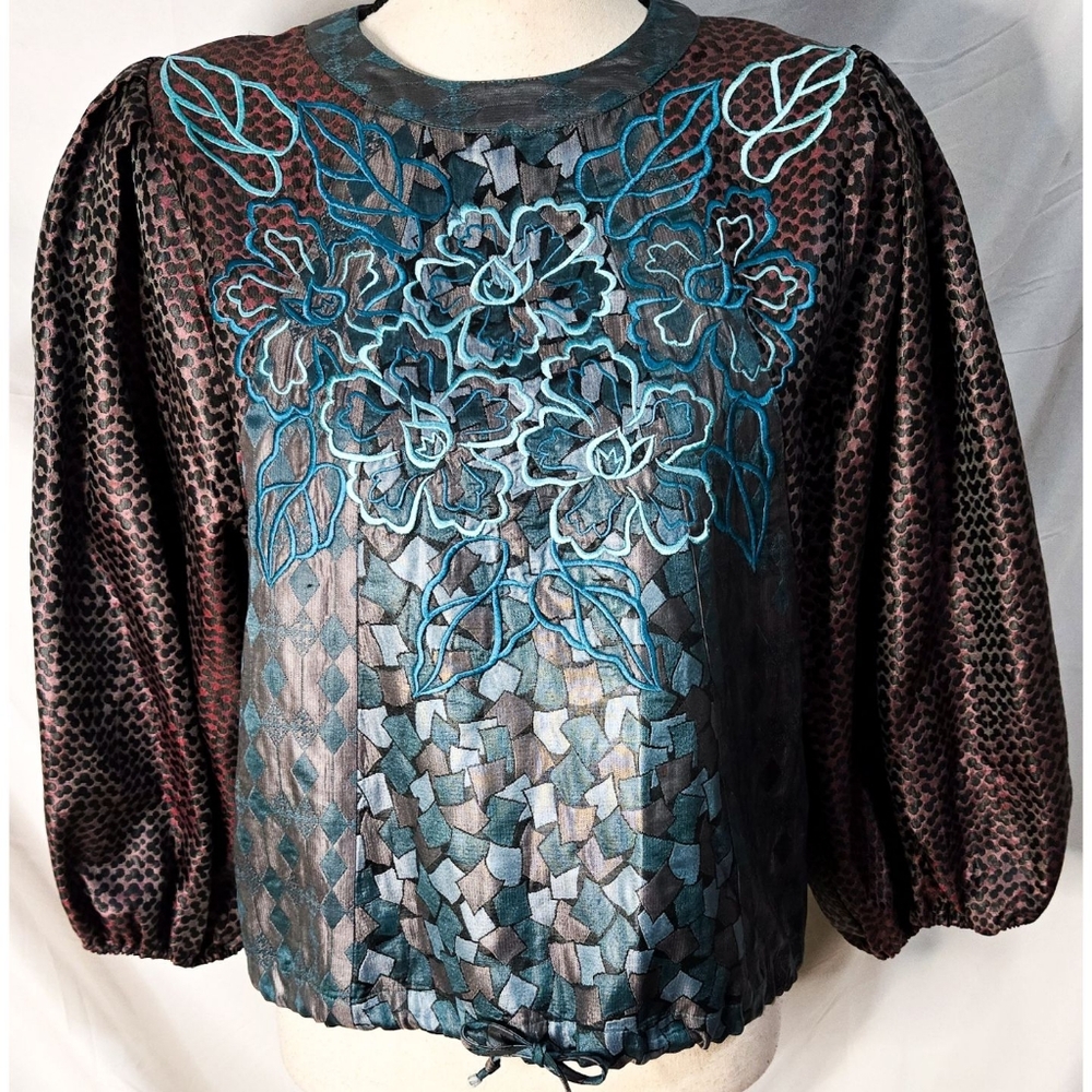 Vintage 80s Diane Freis Embroidered Top Blouse Teal Brown Floral Puff Sleeve